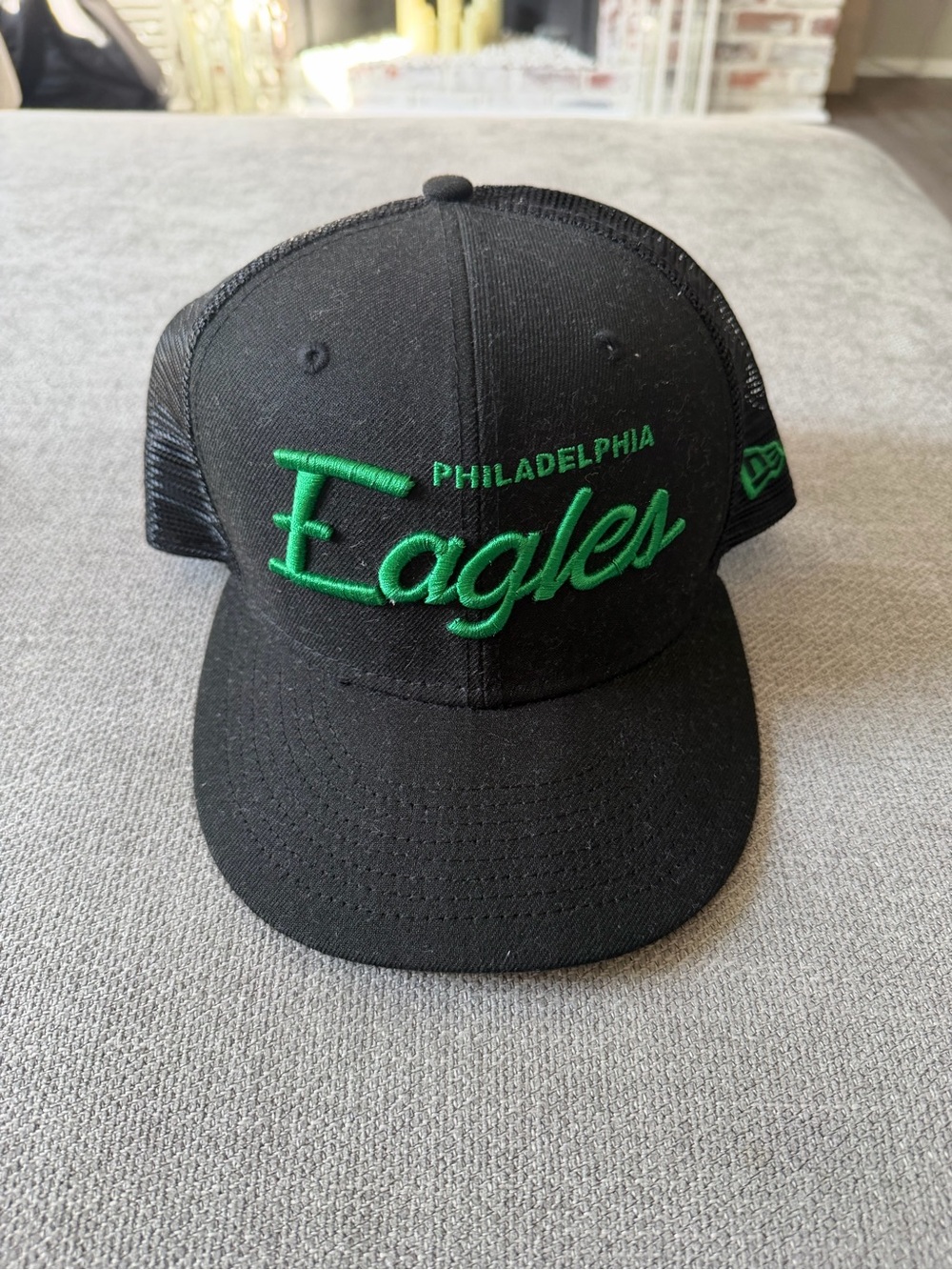 Philadelphia Eagles Black Trucker Cap with Green Script Logo
